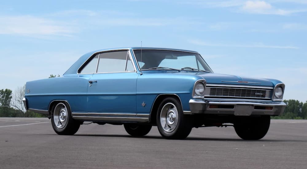 A blue 2966 Chevy Nova is shown. It would be hard to come by one at a Chevy dealership.