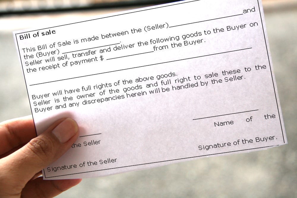 Hand Written Bill Of Sale Example For Car