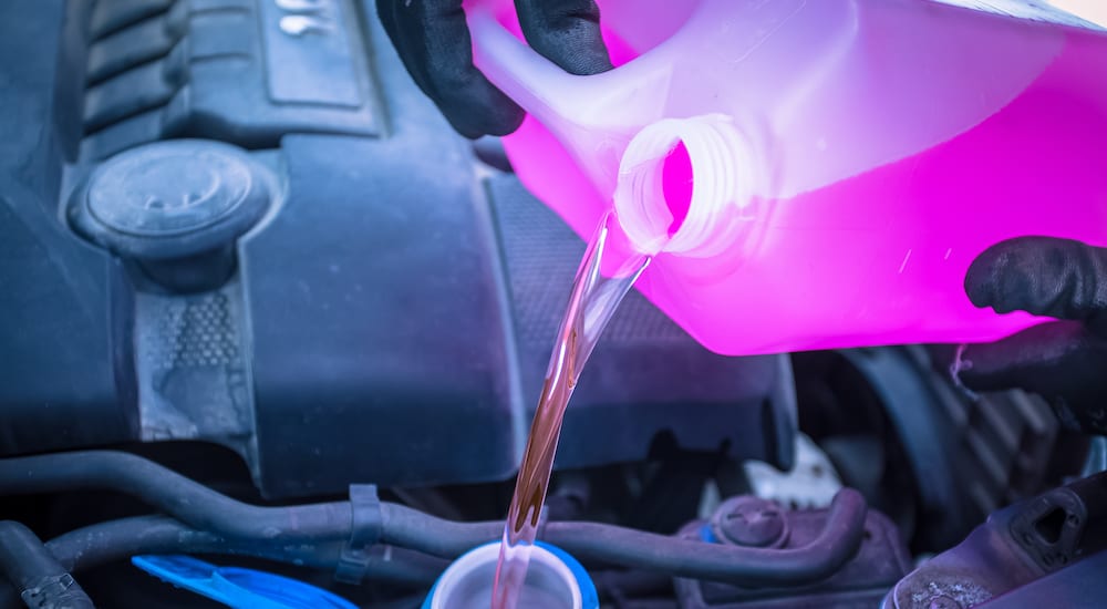 Windshield wiper fluid being poured into car