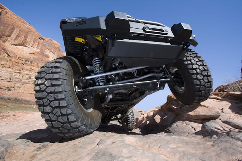 The aftermarket suspension is is shown on a used Jeep Wrangler.