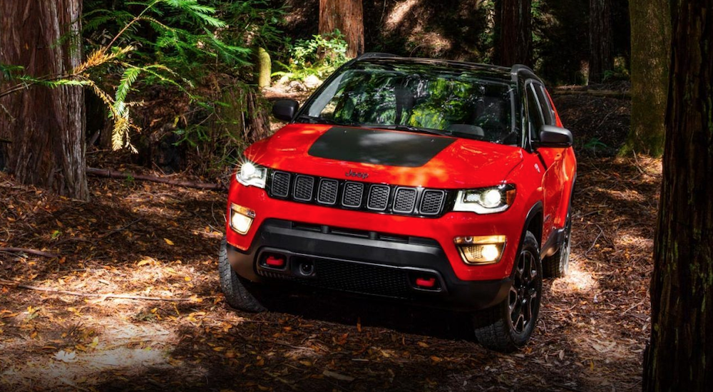 A red and black 2019 Jeep Compass Trailhawk is in the woods. The Trailhawk trim was not available on the 2017 Jeep Patriot.