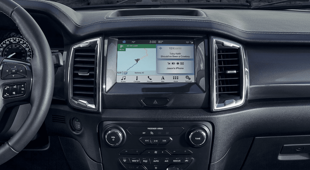 The interior of the 2019 Ford Ranger features are screen and new tech.