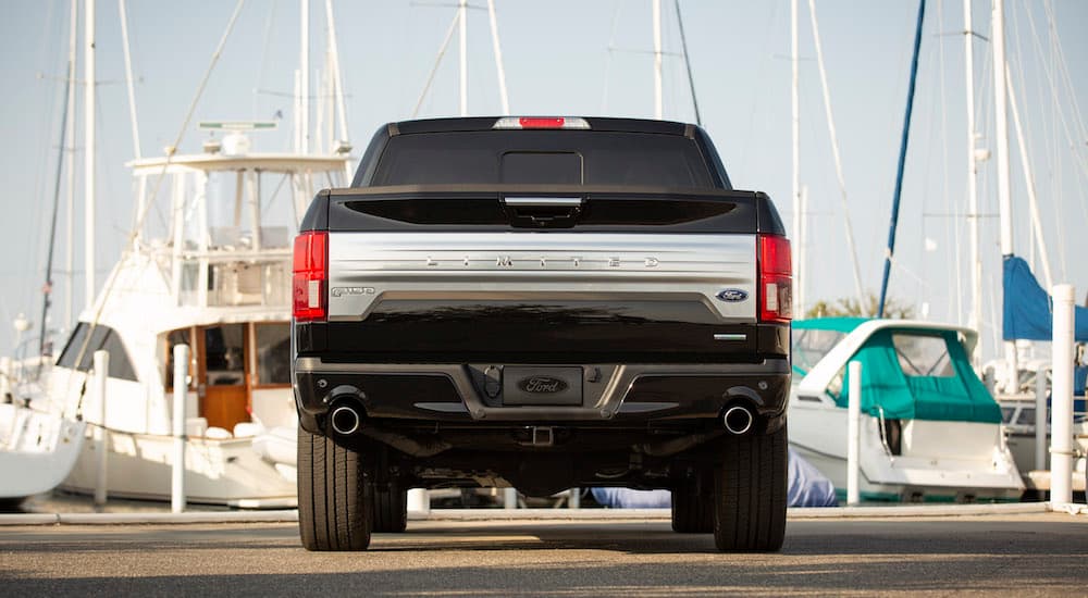 Black 2019 Ford F150 Limited from behind at a marina full of boats