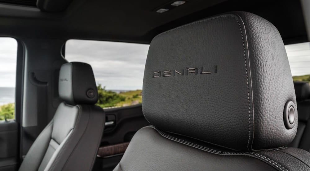 Closeup of Denali embroidered on 2019 GMC Sierra headrest