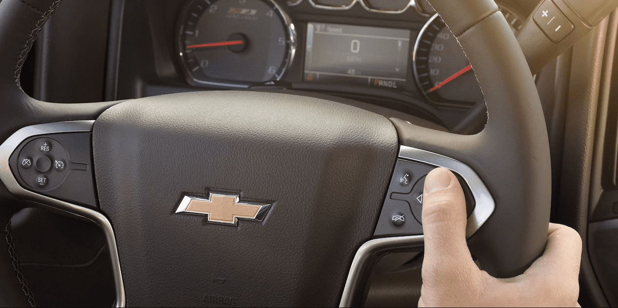 Closeup of 2019 Chevy Silverado HD steering wheel