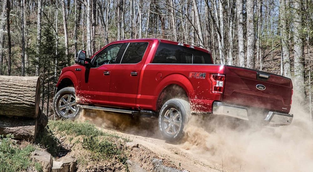 Red 2019 Ford F150 off-roading in woods, kicking up dirt