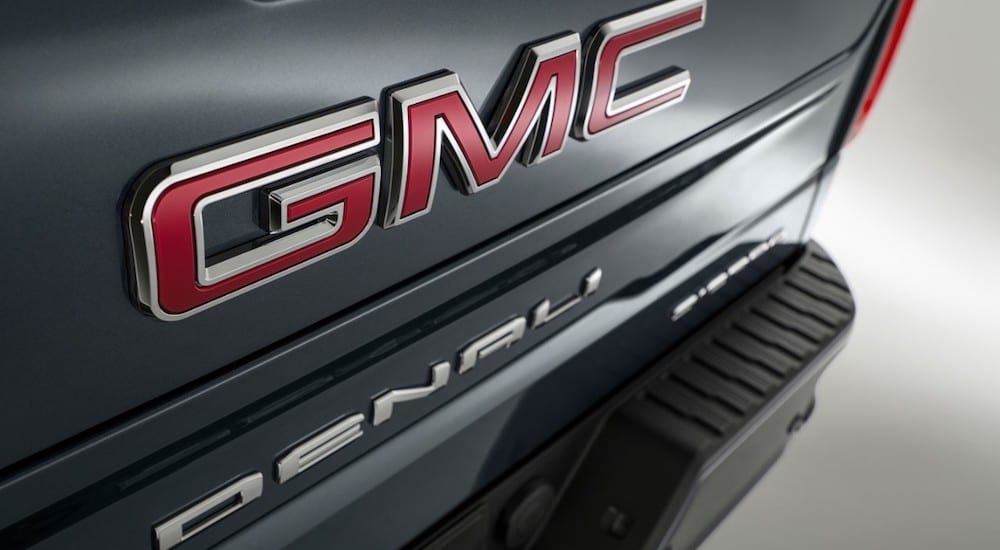 A closeup of a gray 2019 GMC Sierra Denali tailgate