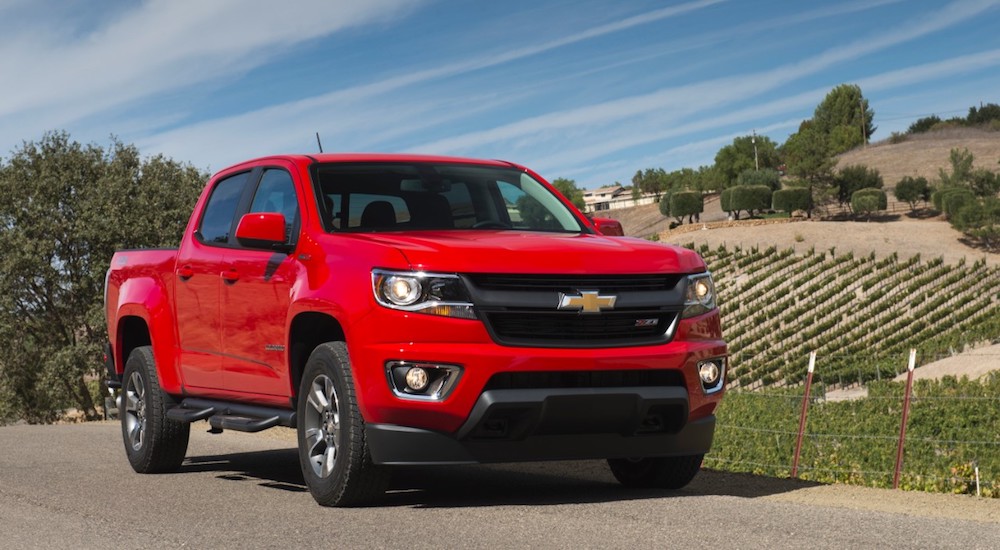 A used red 2017 Chevy Colorado in a vinyard