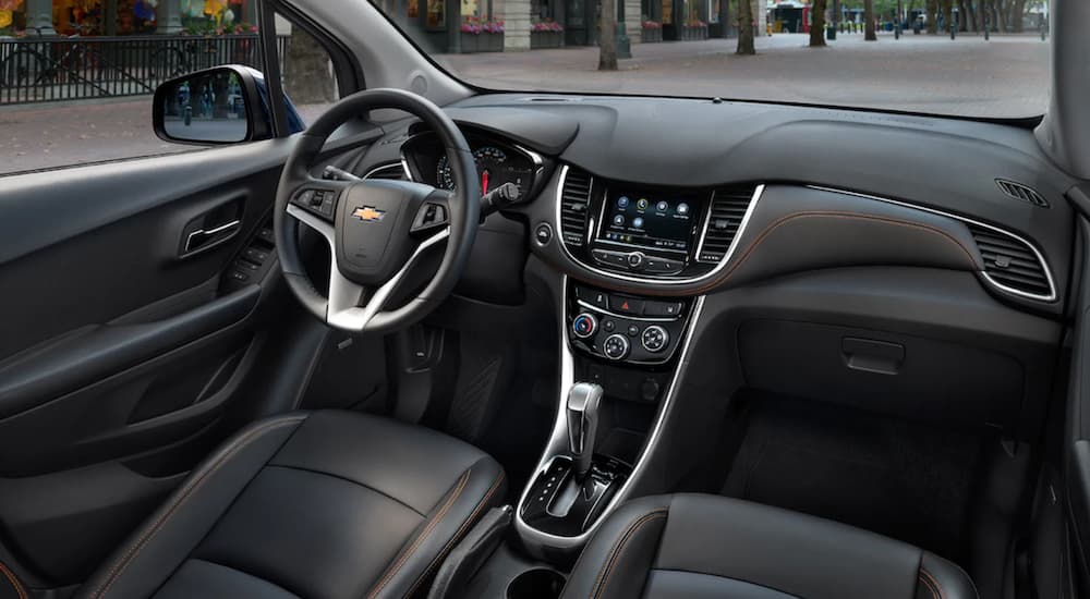 The black interior of a 2019 Chevy Trax is shown, which wins on space when comparing the 2019 Chevy Trax vs 2019 Ford EcoSport.