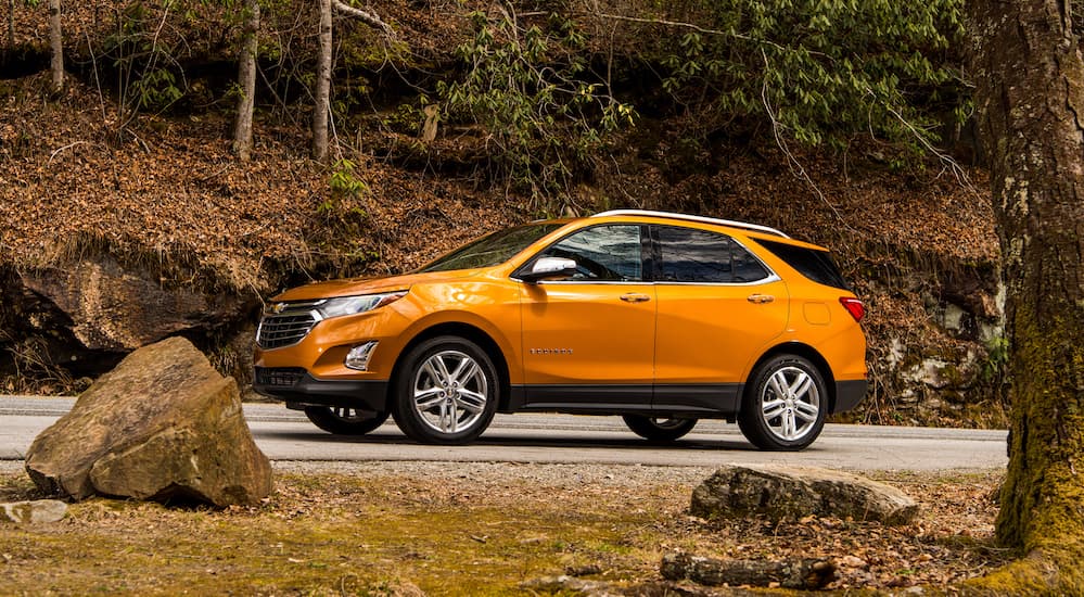 An orange 2019 Chevy Equinox is shown parked in front of trees.