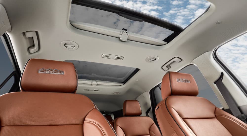 The white and tan interior of the 2019 Chevy Traverse is shown.