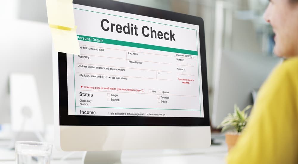 A woman is looking at her computer with a credit check form displayed.