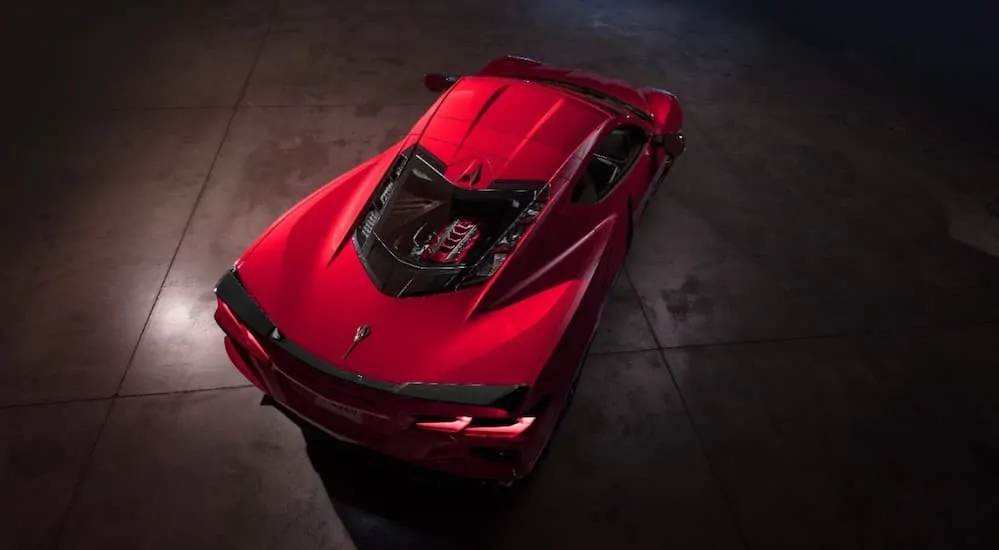 A bird's eye view of the 2020 Chevy Corvette's mid-engine, which is a huge difference between the 2020 Chevy Corvette vs 2019 Chevy Corvette, is shown. 