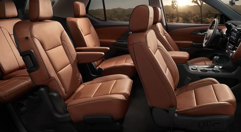 The brown leather interior that you will find in the High Country top level trim in a 2020 Chevy Traverse.