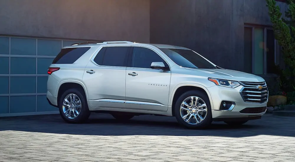 A silver 2020 Chevy Traverse that's parked in a driveway is shown. 