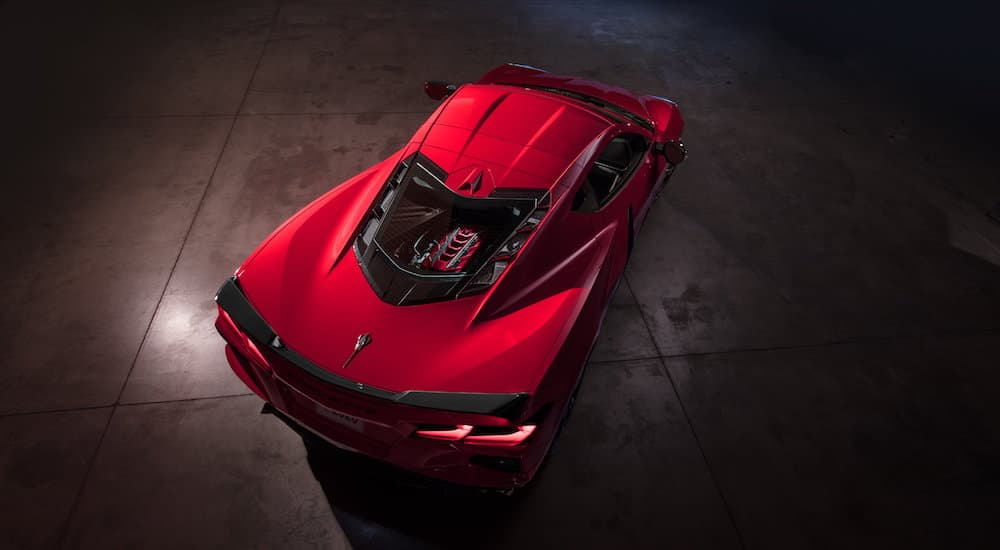 A bird's eye view of a red 2020 Chevy Corvette, which wins when comparing the 2020 Chevy Corvette vs 2019 Chevy Corvette, is shown.