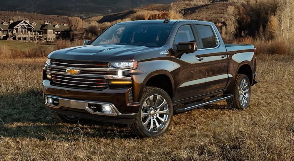 A brown 2020 Chevy Silverado High Country Edition, similar to one that you can find at a Chevy Dealership near you, is parked in a grassy field. 