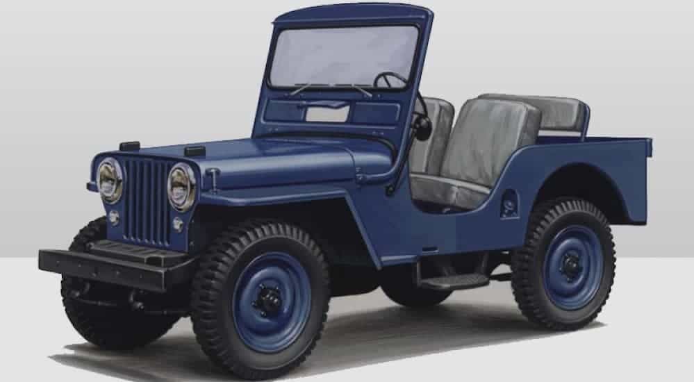 A detailed drawing of a blue Willys-Overland CJ-3A is shown. 