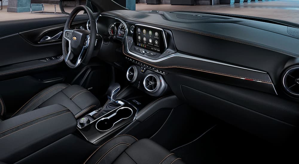 The black interior of a 2020 Chevy Blazer is shown.