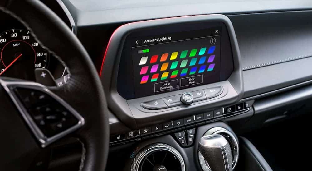 The ambient lighting feature on a 2020 Chevy Camaro infotainment screen is shown.