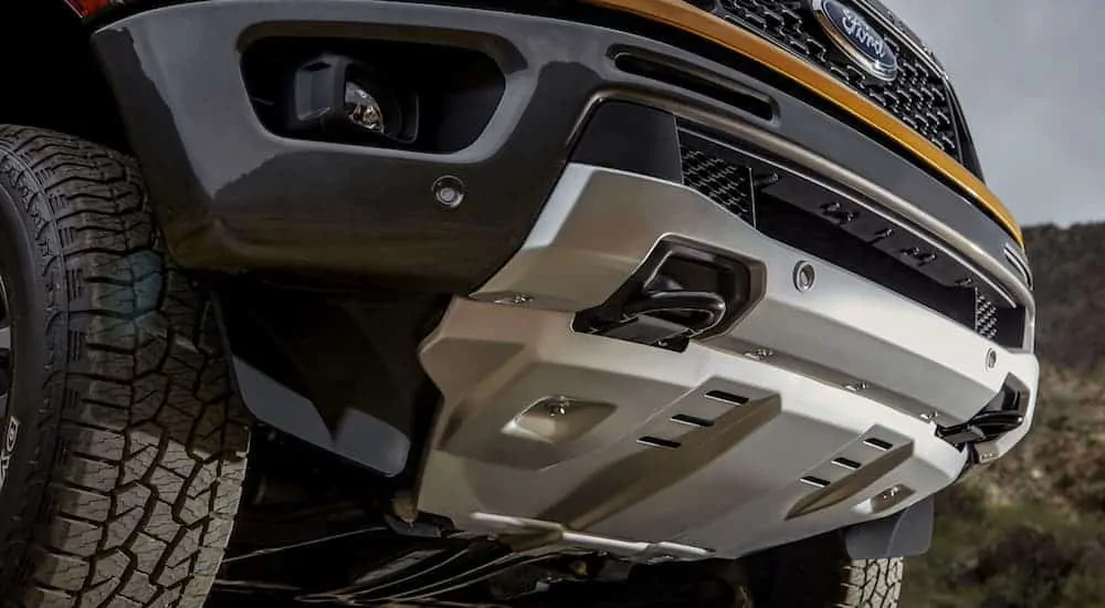 A close up of the silver front skid plate on a 2020 Ford Ranger is shown.