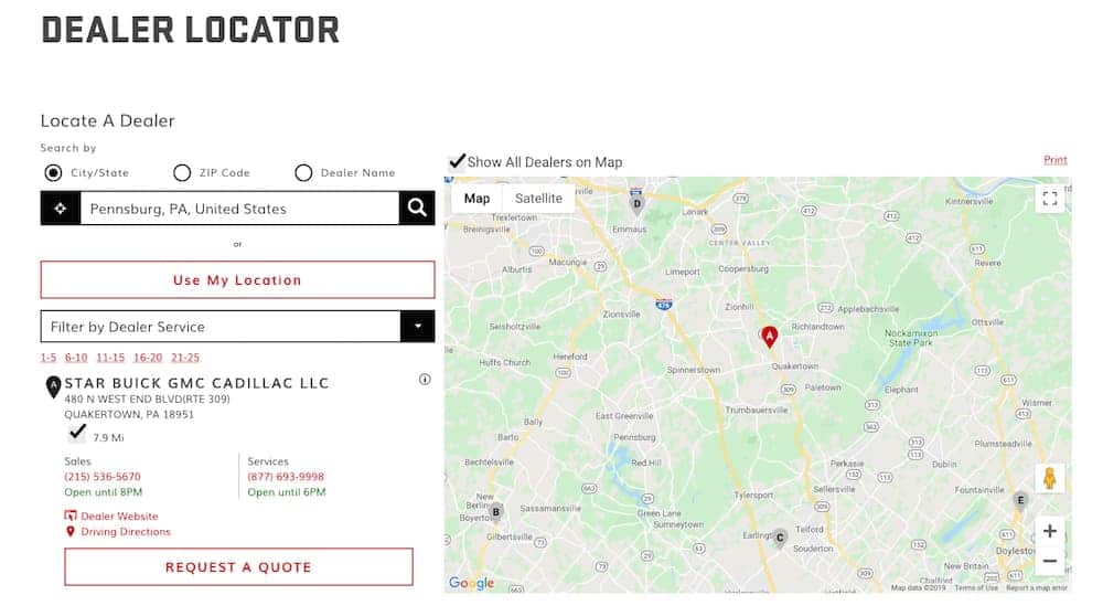 The GMC dealer locator page is shown with a map.