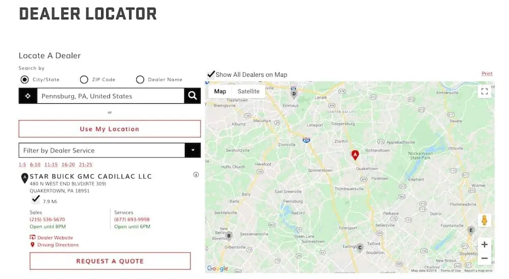 The GMC dealer locator page is shown with a map.