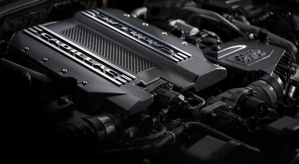A close up of the 4.2L Blackwing Twin Turbo V8 of the 2020 Cadillac CT6 is shown.