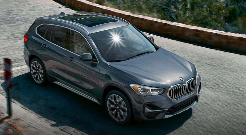 A birds eye view of a grey 2020 BMW X1 is shown. 