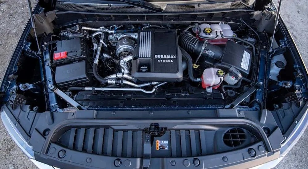 A birds eye view of the Duramax diesel engine of a 2020 Chevy Silverado 1500 is shown.