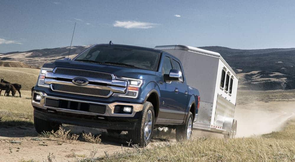 A blue 2020 Ford F-150, which wins when comparing the 2020 Ford F-150 vs 2020 Chevy Silverado 1500, is towing a large horse trailer onto a farm. 