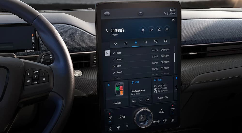 A close up of the large infotainment screen inside of the 2021 Ford Mustang Mach-E is shown. 