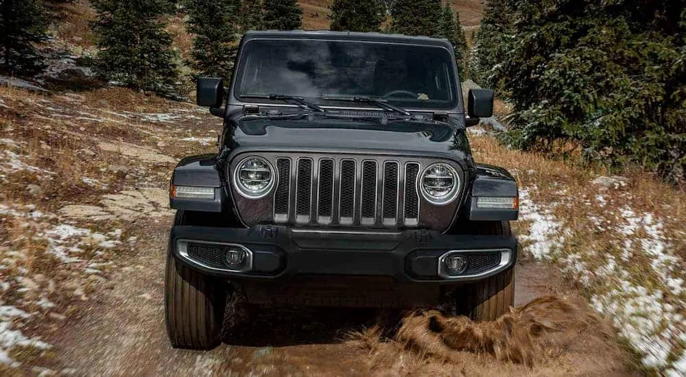 A black 2019 Jeep Wrangler is driving on a muddy trail.