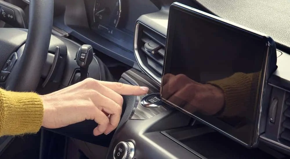 A close up of the large infotinament screen inside of the 2020 Ford Explorer is shown. 