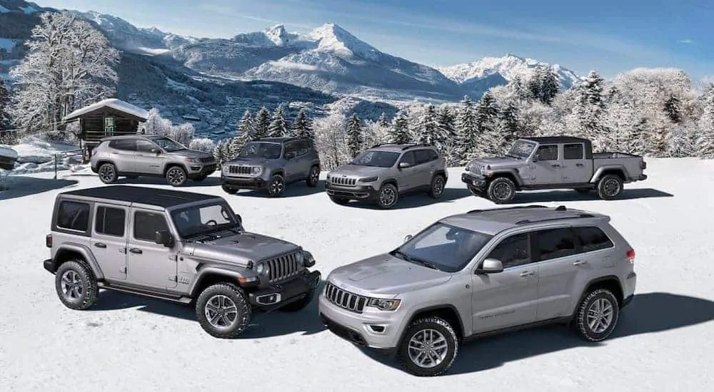 The entire Jeep line of North Edition vehicles in silver, including the 2020 Jeep Grand Cherokee, are parked atop a snowy hill.