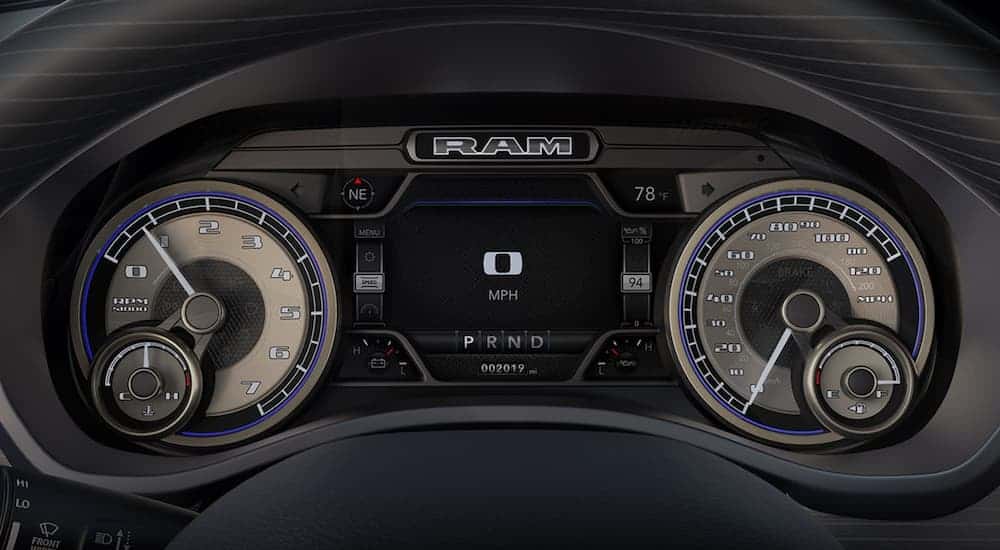 The 7-inch driver display on a 2020 Ram 1500 is shown.