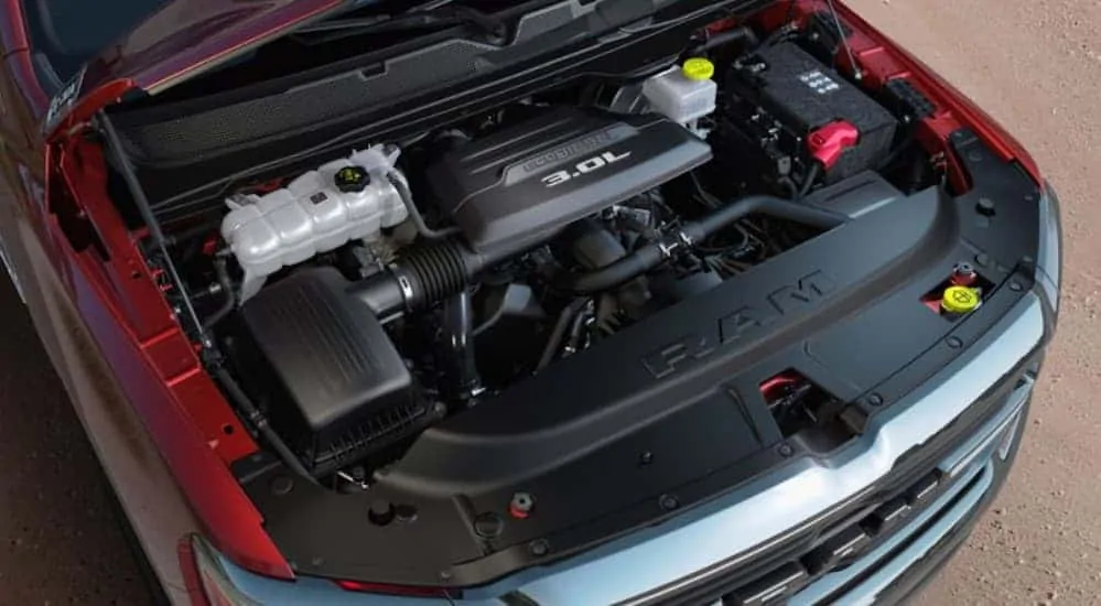 A birds eye view of the Ecodiesel that's in the engine bay of a 2020 Ram 1500 is shown. 
