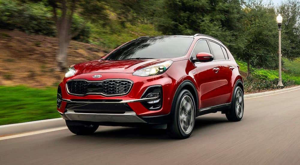 A presumed red 2021 Kia Sportage is driving away with a win after comparing 2021 Kia Sportage vs 2021 Kia Seltos.
