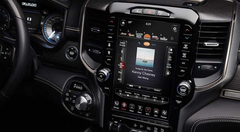 A closeup of the 12-in infotainment screen on a 2020 Ram 2500.