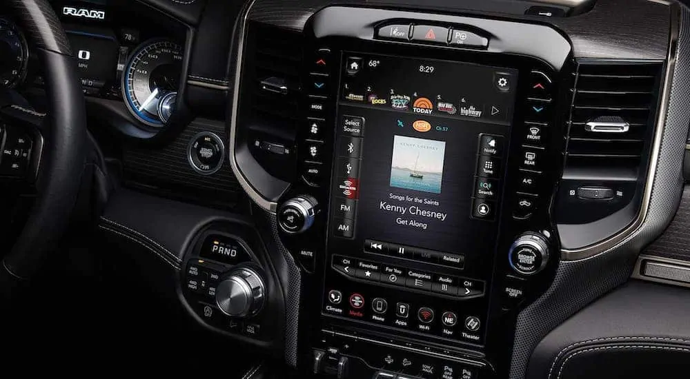 A closeup of the 12-in infotainment screen on a 2020 Ram 2500.