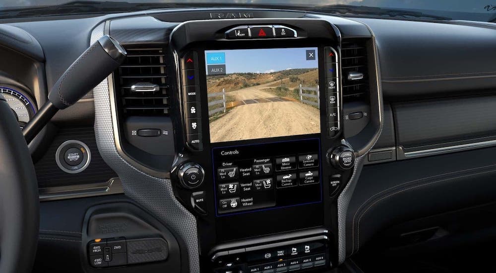 A closeup of the infotainment screen in a 2020 Ram 2500.