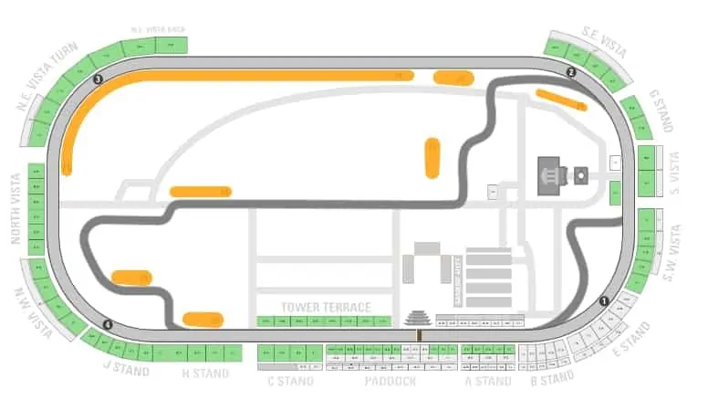 A top-down graphic is showing the seating and layout of the 104th Indianapolis 500 Track.
