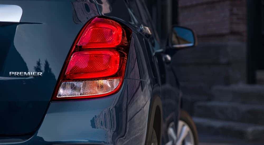 The taillight on a blue 2020 Chevy Trax is shown in closeup.