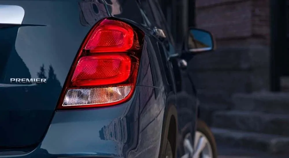 The taillight on a blue 2020 Chevy Trax is shown in closeup.