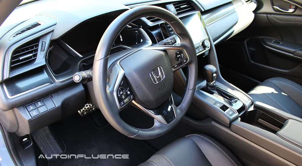 The steering wheel of a 2020 Honda Civic Hatchback is shown.