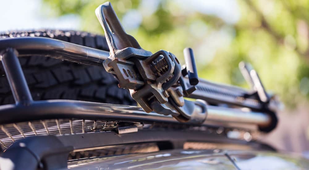A closeup is shown of a roof rack on a 2020 Jeep Compass.