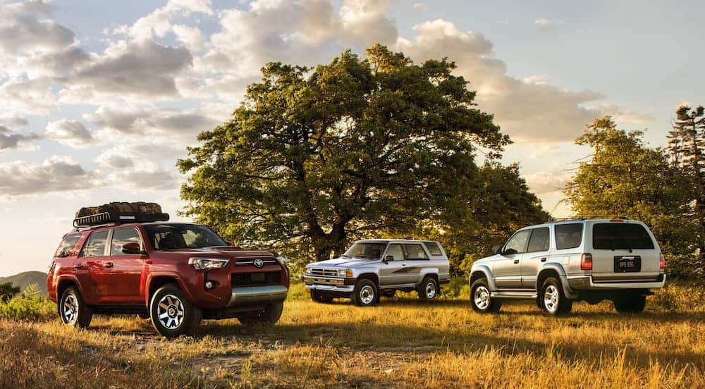 A red 2020 Toyota 4Runner is parked in front of trees with two older models.