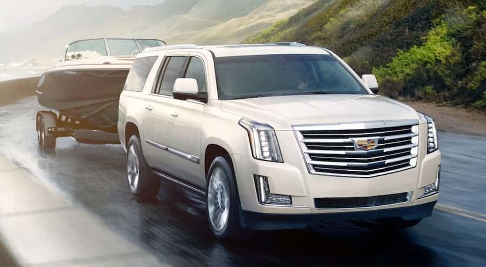 A white 2020 Cadillac Escalade is towing a boat on a winding road.