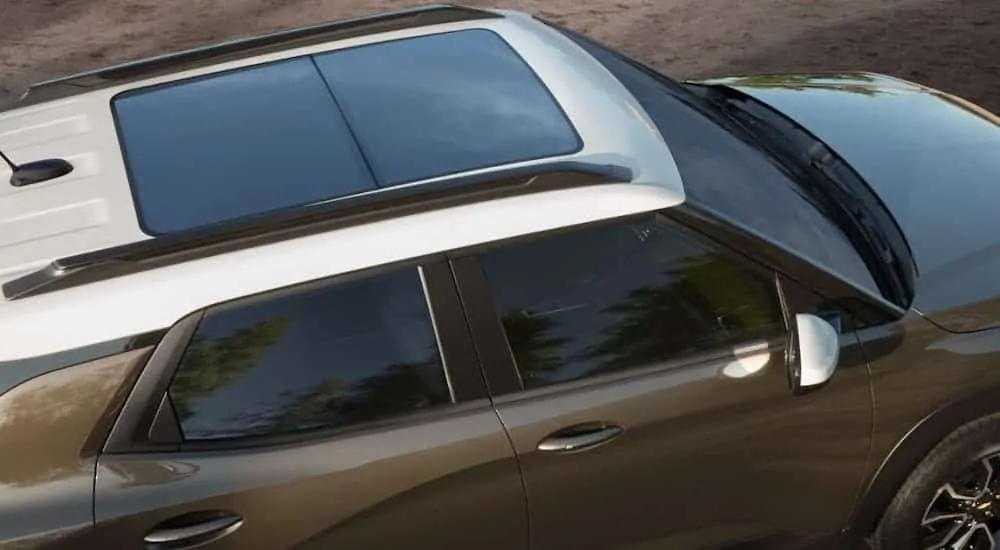 A high angle shows most of a brown and white 2021 Chevy Trailblazer ACTIV.