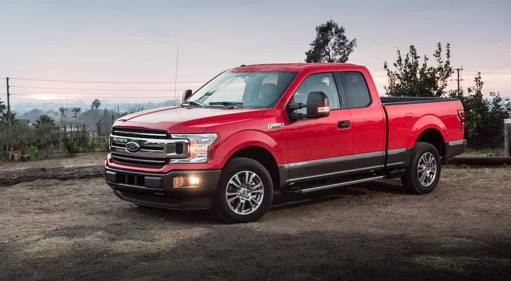 A red 2018 Ford F-150, which is popular among used Fords for sale, is parked in front of a nice view.